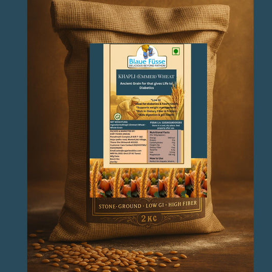 Blaue Füsse Khapli Wheat Flour (Emmer Atta) 2 KG – Ancient Low GI Grain | High Fiber, Low Gluten | Stone Ground Whole Grain | Sugarless Bliss