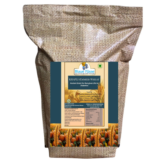 Blaue Füsse Khapli Wheat Flour (Emmer Atta) 2 KG – Ancient Low GI Grain | High Fiber, Low Gluten | Stone Ground Whole Grain | Sugarless Bliss