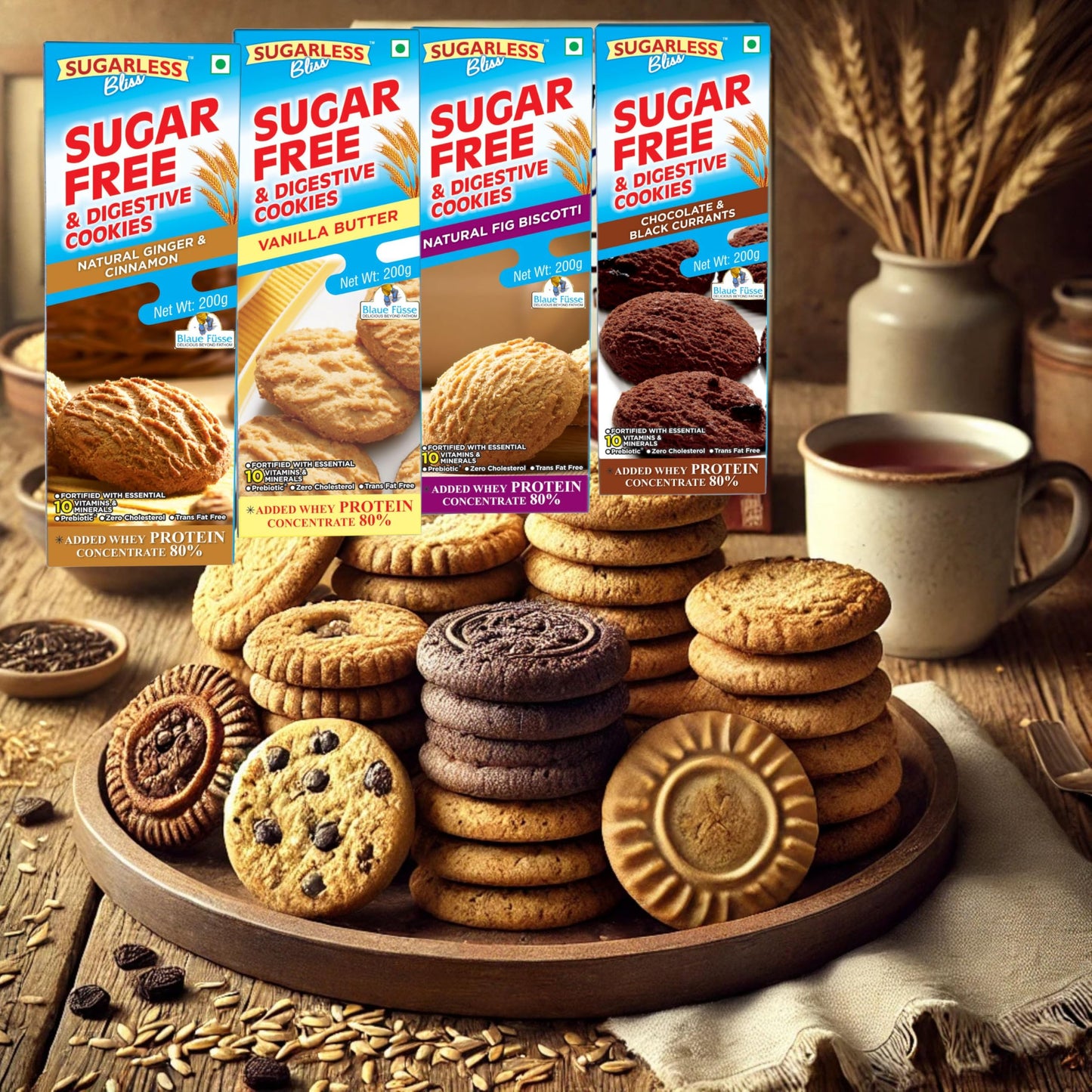 Sugar-Free & Digestive Assorted Cookies – Sugar-Free, Low Sugar, No Added Sugar | 5 Flavours: Vanilla, Chocolate, Fig, Ginger, Peanut | 200g x 24 Packs (1 Case)| Diabetic-Friendly Snack
