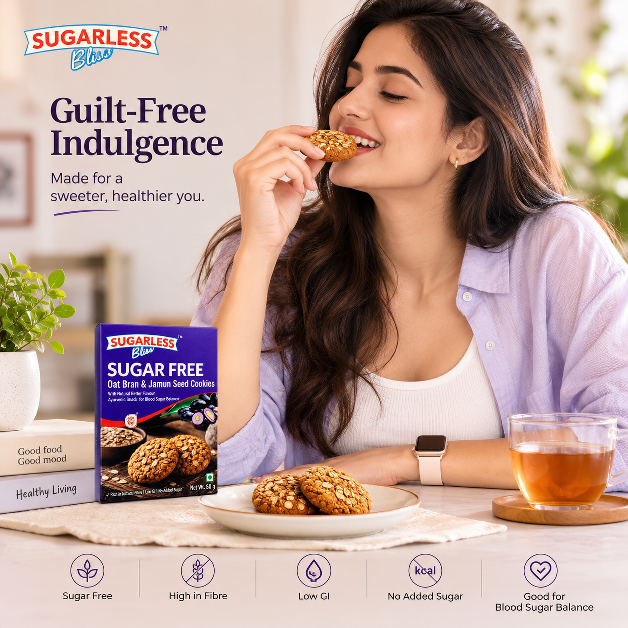 Sugarless Bliss Sugar Free Oat Bran & Jamun Seed Cookies – High Fiber Healthy Cookies | 50g × 12