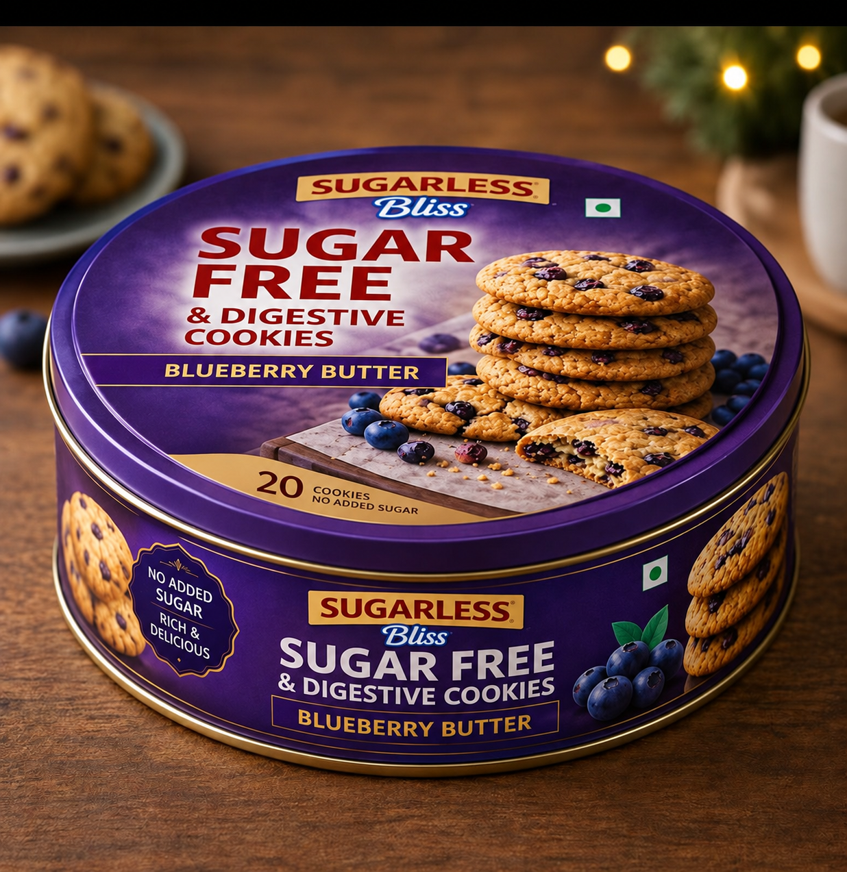 Sugarless Bliss Sugar Free Blueberry Butter & Digestive Cookies | Premium Cookie Tin (500g)