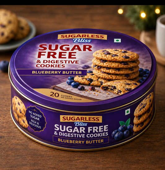 Sugarless Bliss Sugar Free Blueberry Butter & Digestive Cookies | Premium Cookie Tin (500g)