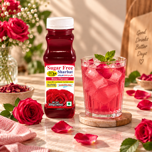Sugar Free Rose & Lychee Sharbat 300g X 2 Syrup Highly Concentrated, Makes 84 Glasses | Almost Zero Calories |Sugarless Bliss
