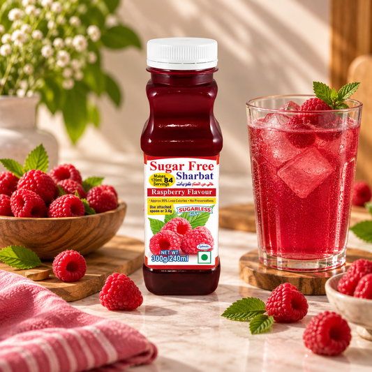 Sugar Free Raspberry Refreshing Syrup Highly Concentrated, Makes 84 Glasses - (300)g | Almost Zero Calories | Sharbat | Sugarless Bliss