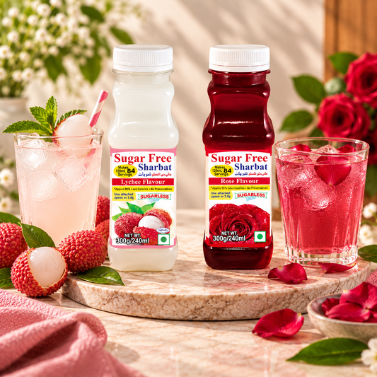 Sugar Free Rose & Lychee Sharbat 300g X 2 Syrup Highly Concentrated, Makes 84 Glasses | Almost Zero Calories |Sugarless Bliss