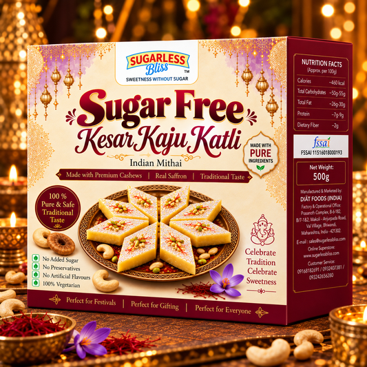 Sugar Free Kesar Kaju Katli (500g) Indian Mithai | Sugarless Bliss