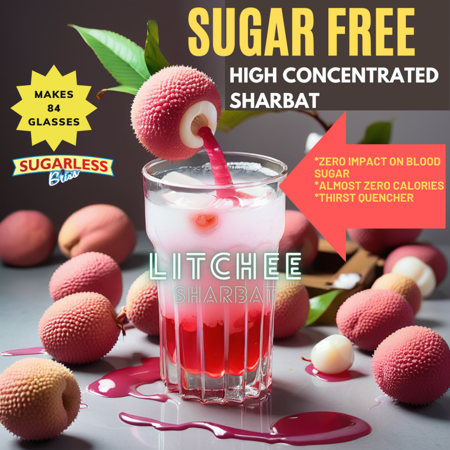 Sugar-Free Rose & Lychee Sharbat | Refreshing 300gX2 Syrup