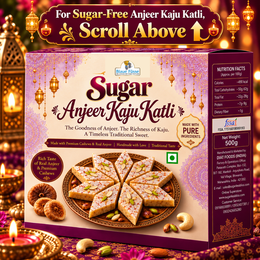 Anjeer Kaju Katli Premium Fig & Cashew Indian Mithai with Sugar (ALSO AVAILABLE IN SUGAR-FREE) | 500g | Sugarless Bliss