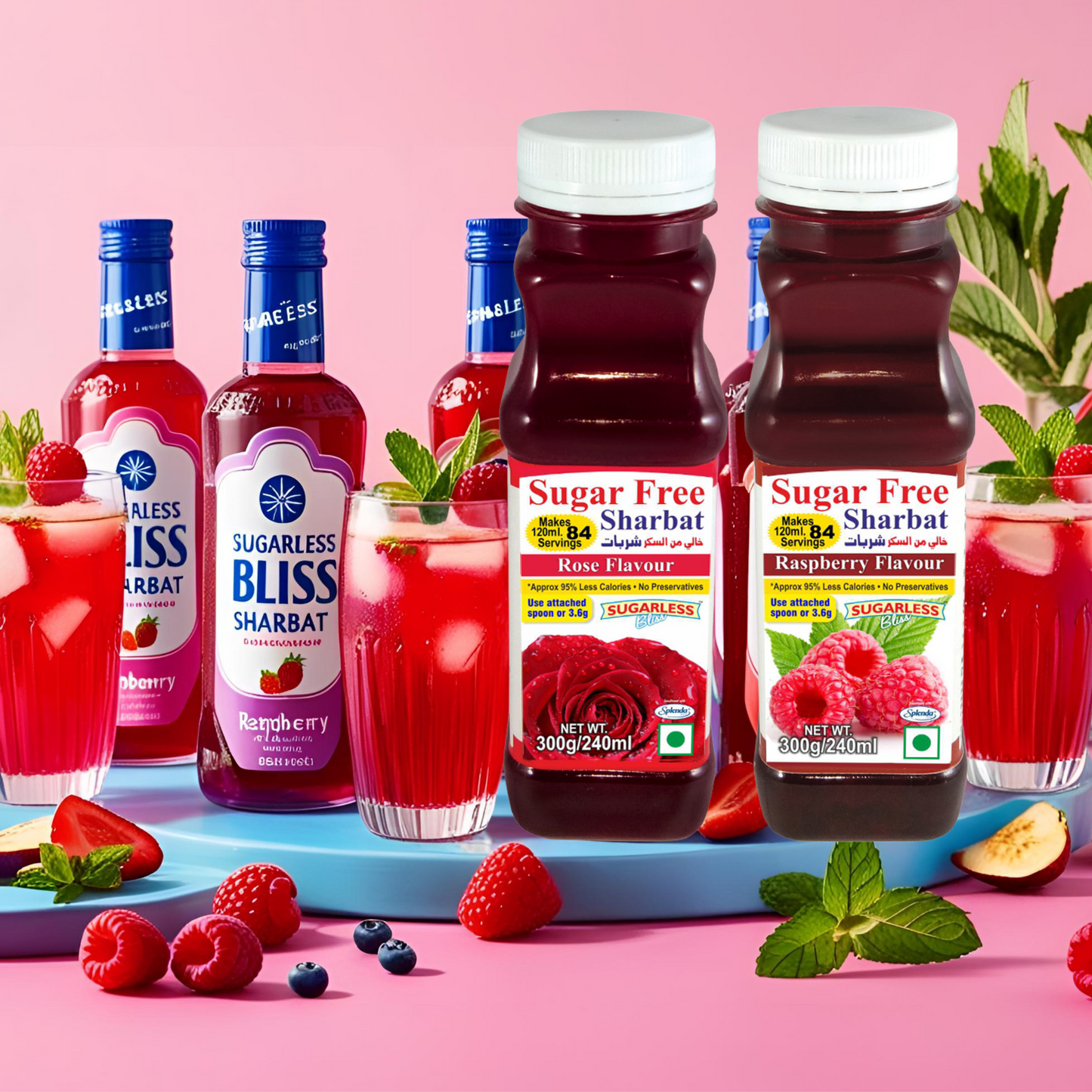 Sugar-Free Rose & Raspberry Sharbat (Syrup) β 300g x 2 | Diabetic-Friendly | No Added Sugar | Summer Refreshing Drink