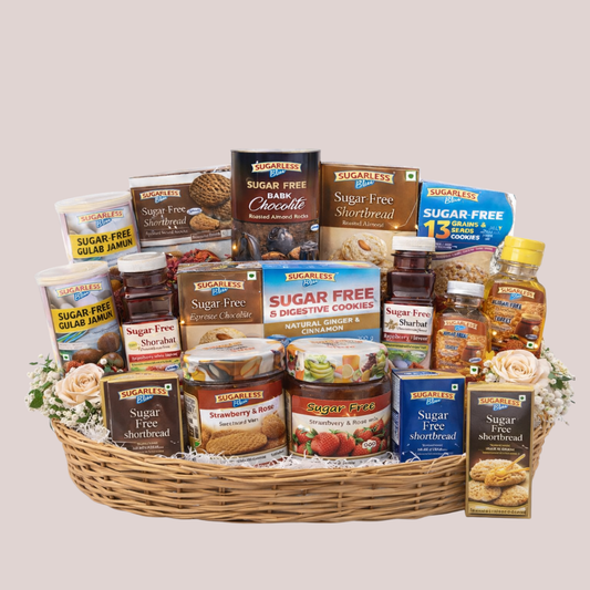 Sugarless Bliss Sugar Free Assorted Gift Hamper | Diabetic Friendly Sweets, Cookies & Sharbat Combo Basket | Sugarless Bliss
