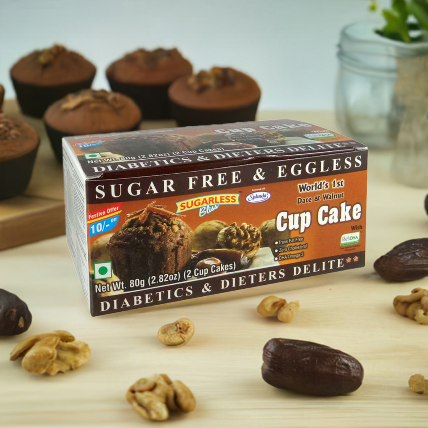 Sugar-Free Eggless Date & Walnut Cupcake - 80g-Sweetened with Splenda