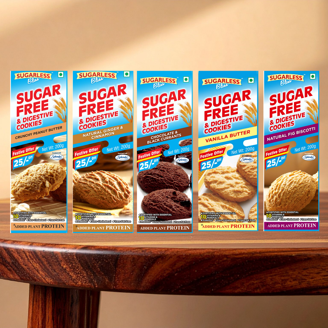 Sugar-Free & Digestive Assorted Cookies – 1kg Pack of 5 (200g Each) Vanilla, Chocolate, Fig, Ginger, Peanut Butter | No Added Sugar Healthy Snack