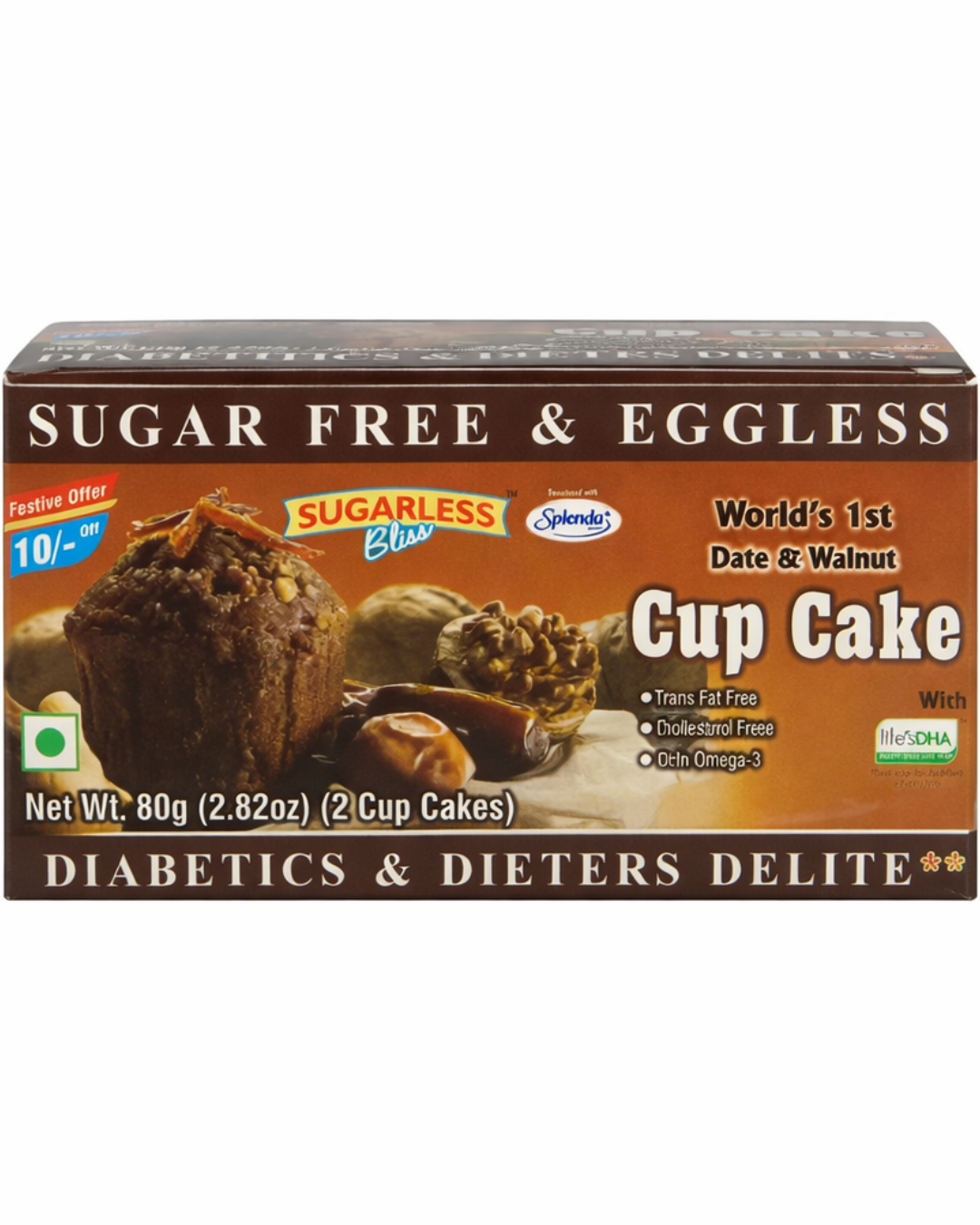 Sugar-Free Eggless Date & Walnut Cupcake - 80g-Sweetened with Splenda