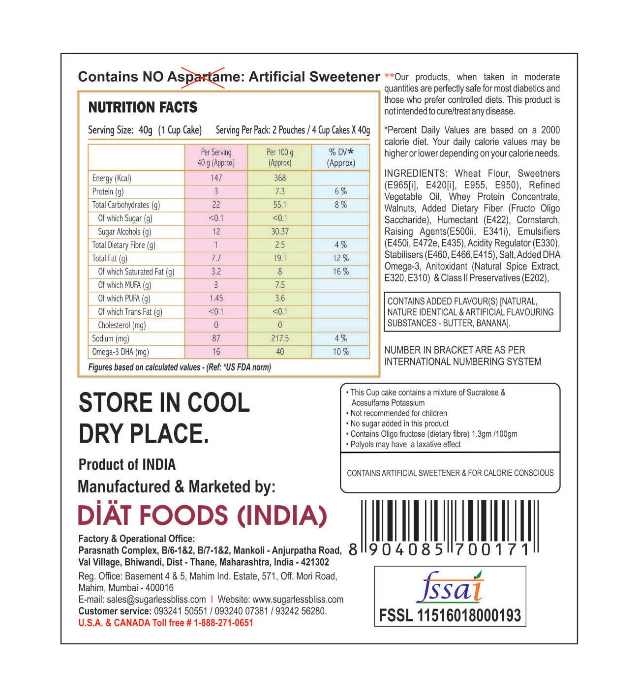 Sugar Free & Eggless Banana Walnut Cupcake - (160)g | Sugarless Bliss