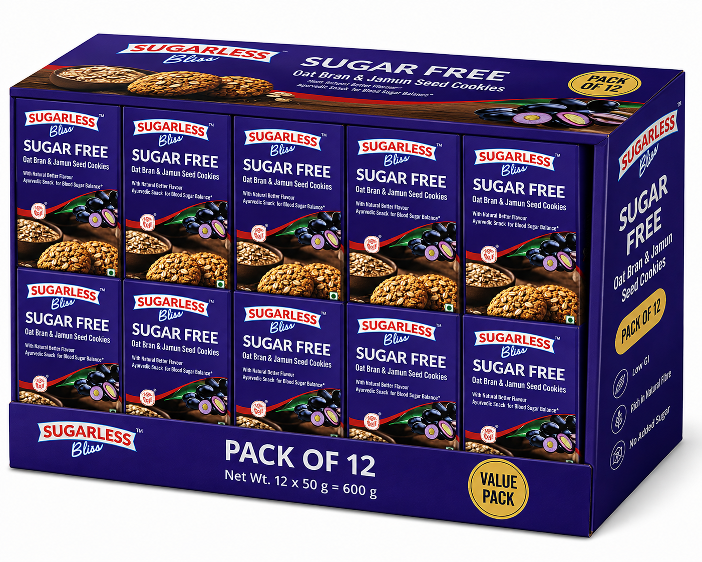 Sugarless Bliss Sugar Free Oat Bran & Jamun Seed Cookies – High Fiber Healthy Cookies |  50g × 12