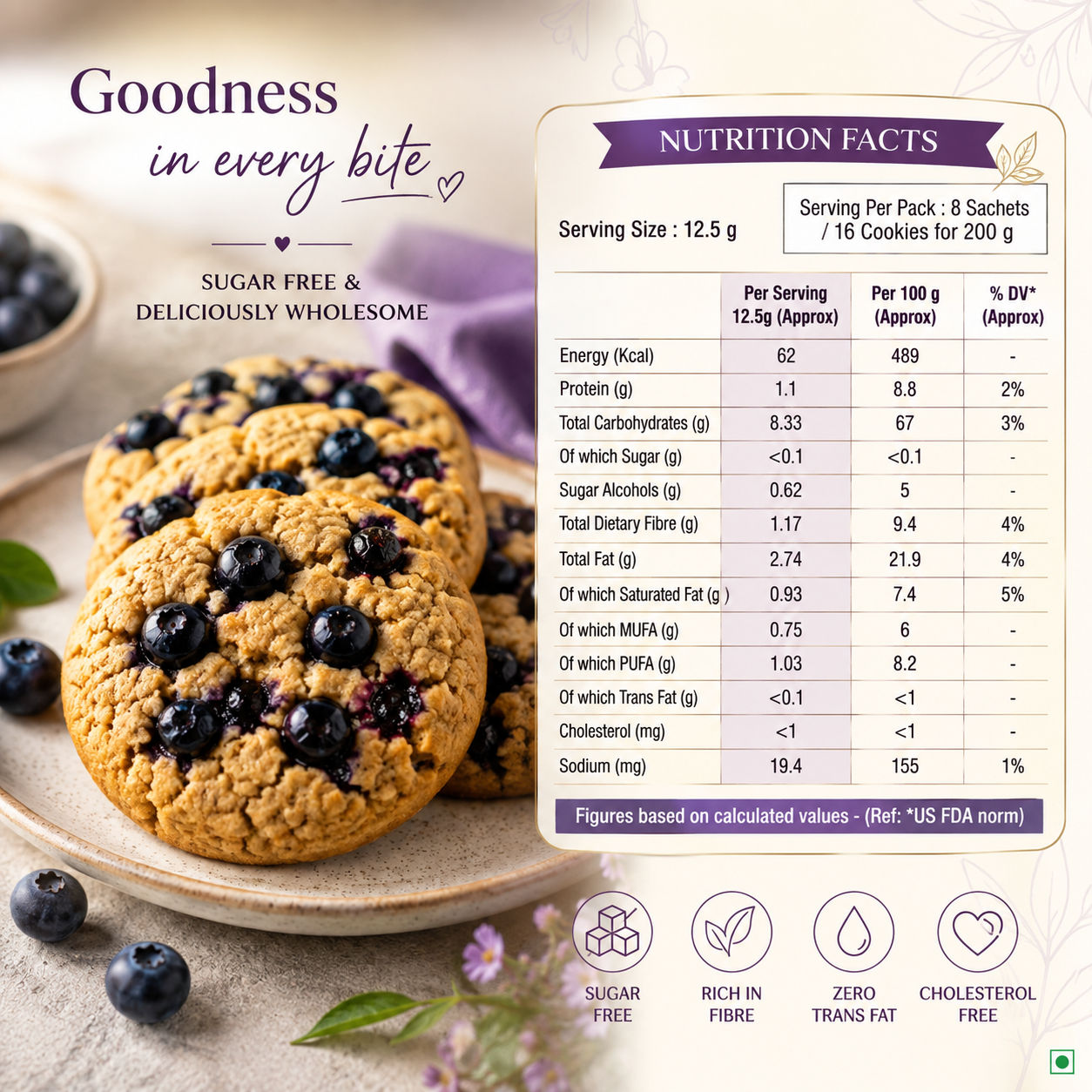 Sugarless Bliss Sugar Free Blueberry Butter Digestive Cookies - 200g