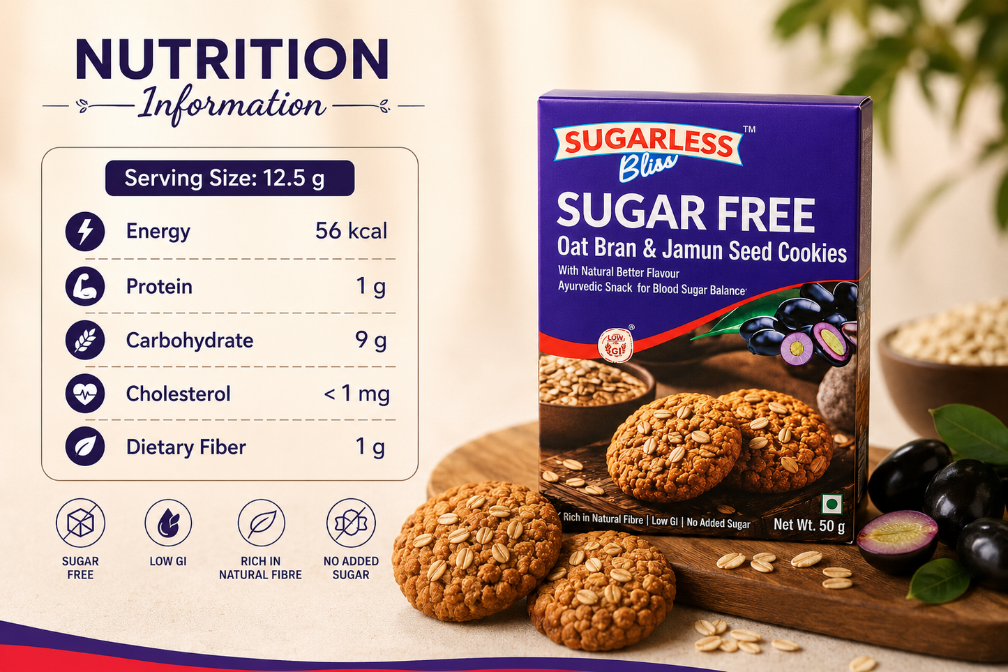 Sugarless Bliss Sugar Free Oat Bran & Jamun Seed Cookies – High Fiber Healthy Cookies | 50g