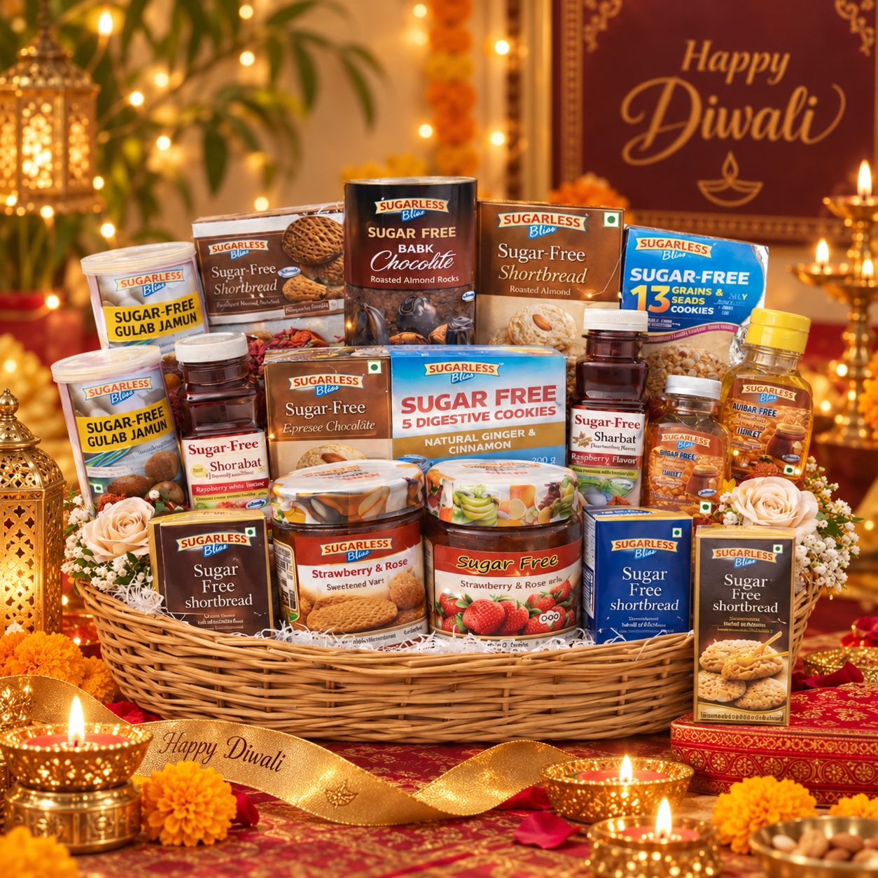 Sugarless Bliss Sugar Free Assorted Gift Hamper | Diabetic Friendly Sweets, Cookies & Sharbat Combo Basket | Sugarless Bliss