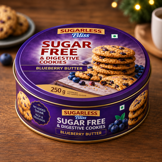 Sugarless Bliss Sugar Free Blueberry Butter & Digestive Cookies | Premium Cookie Tin (250g)