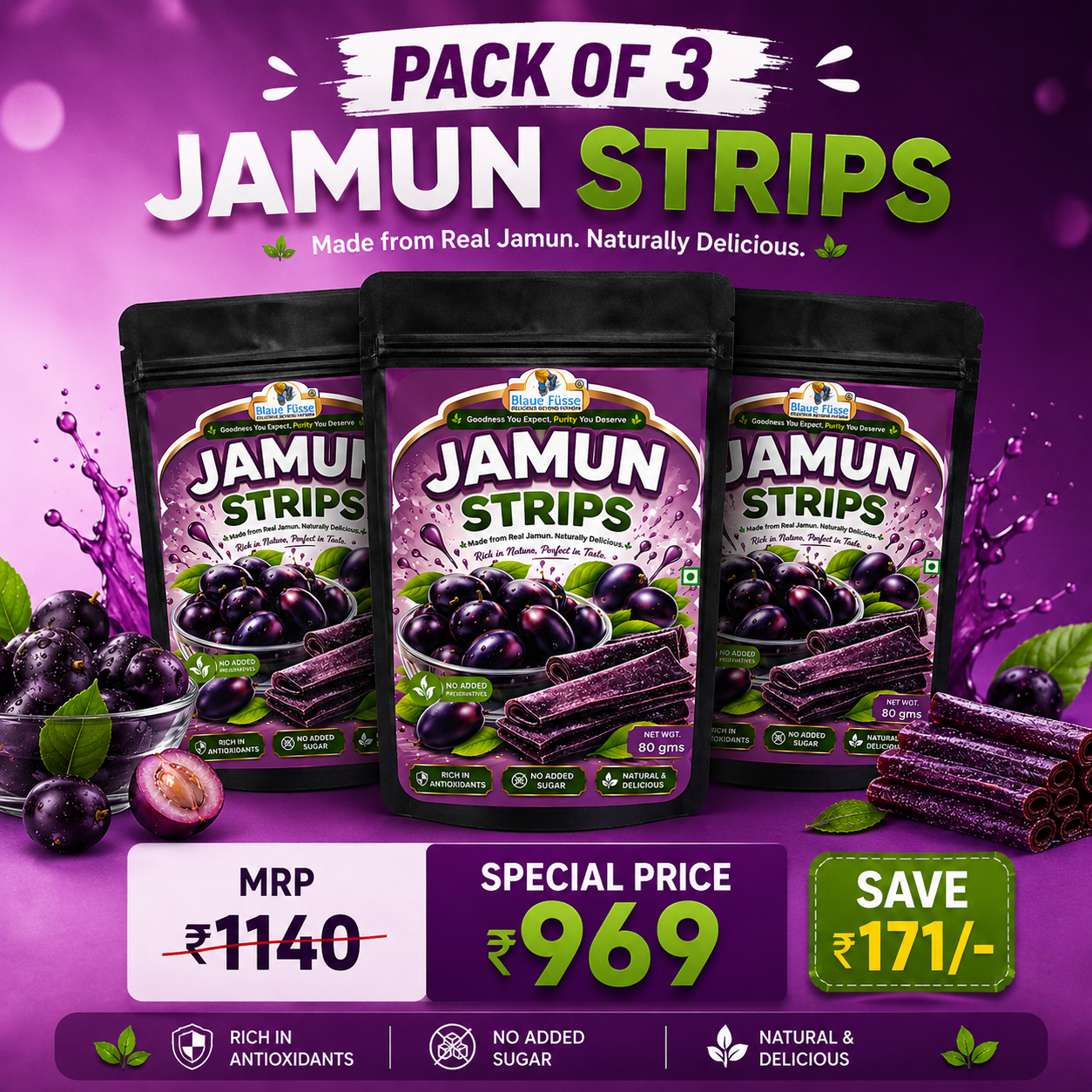 Sugar Free Jamun Strips - 100% Natural and Diabetes Friendly - Pack of 3 | Sugarless Bliss