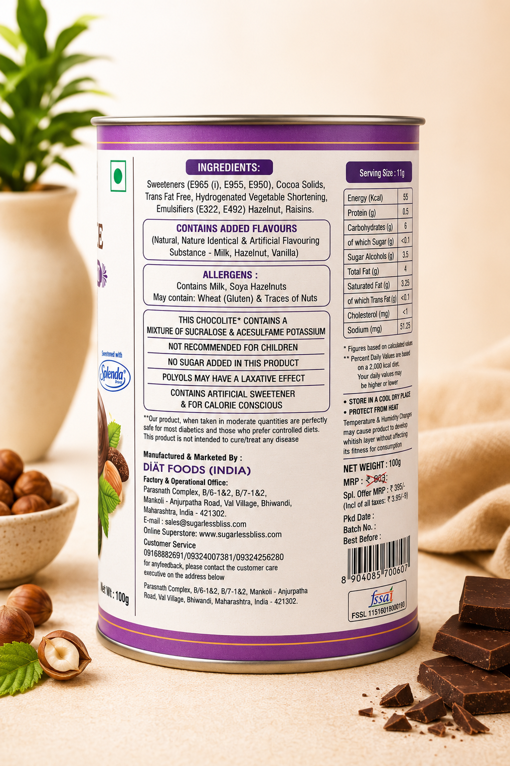 Sugar Free Dark Chocolite - Hazelnut & Fruit Delight | Sugarless Bliss