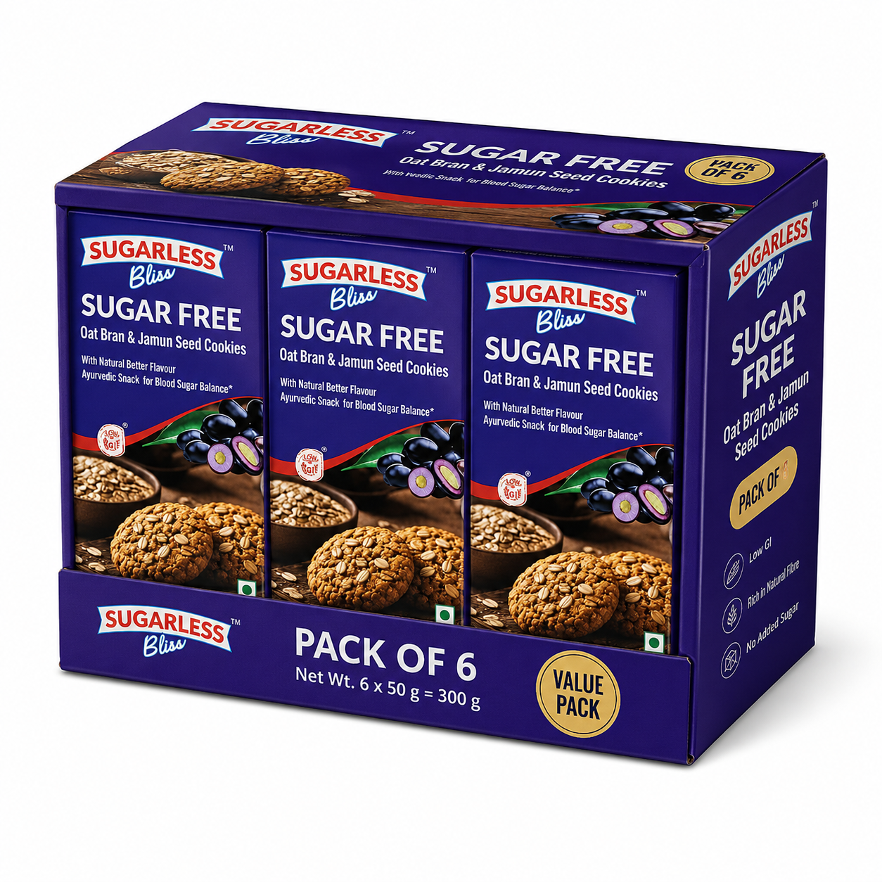 Sugarless Bliss Sugar Free Oat Bran & Jamun Seed Cookies – High Fiber Healthy Cookies |  50g × 6