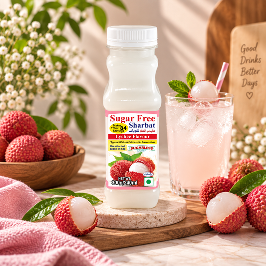 Sugar Free Lychee Refreshing Syrup  Highly Concentrated, Makes 84 Glasses - (300)g | Almost Zero Calories | Sharbat | Sugarless Bliss