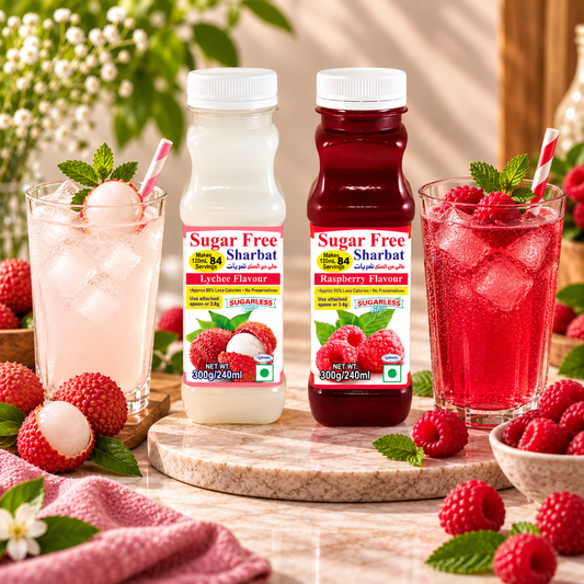 Sugar Free Lychee & Raspberry Sharbat (Syrup) – 300g x 2 | Highly Concentrated, Makes 84 Glasses | Almost Zero Calories | Sugarless Bliss