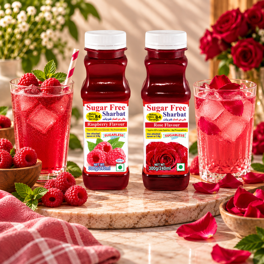 Sugar Free Rose & Raspberry Sharbat (Syrup) – 300g x 2 | Highly Concentrated, Makes 84 Glasses | Almost Zero Calories | Sugarless Bliss
