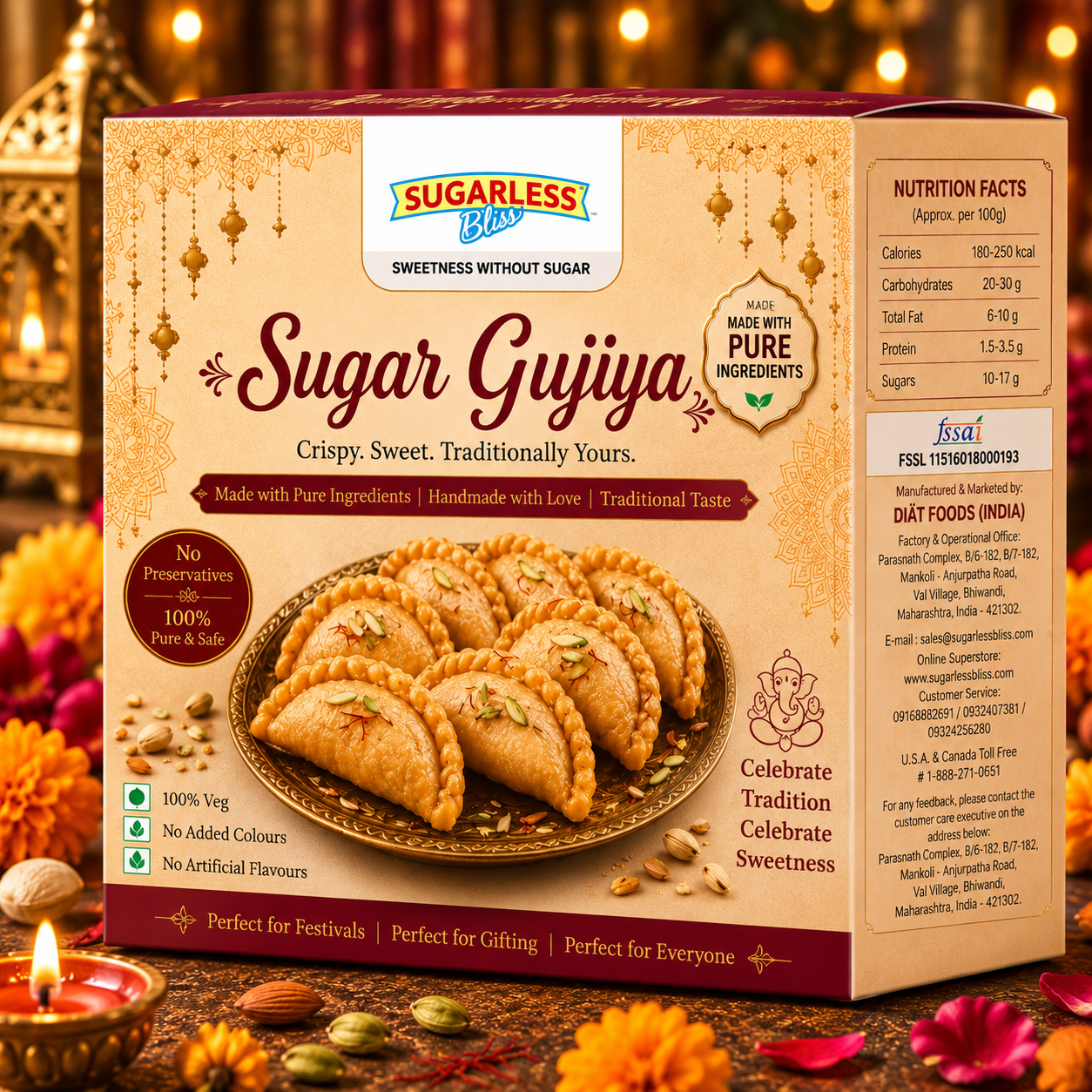 Gujiya (500g) | Made with Pure Ghee | Traditional Indian Mithai | Sugarless Bliss