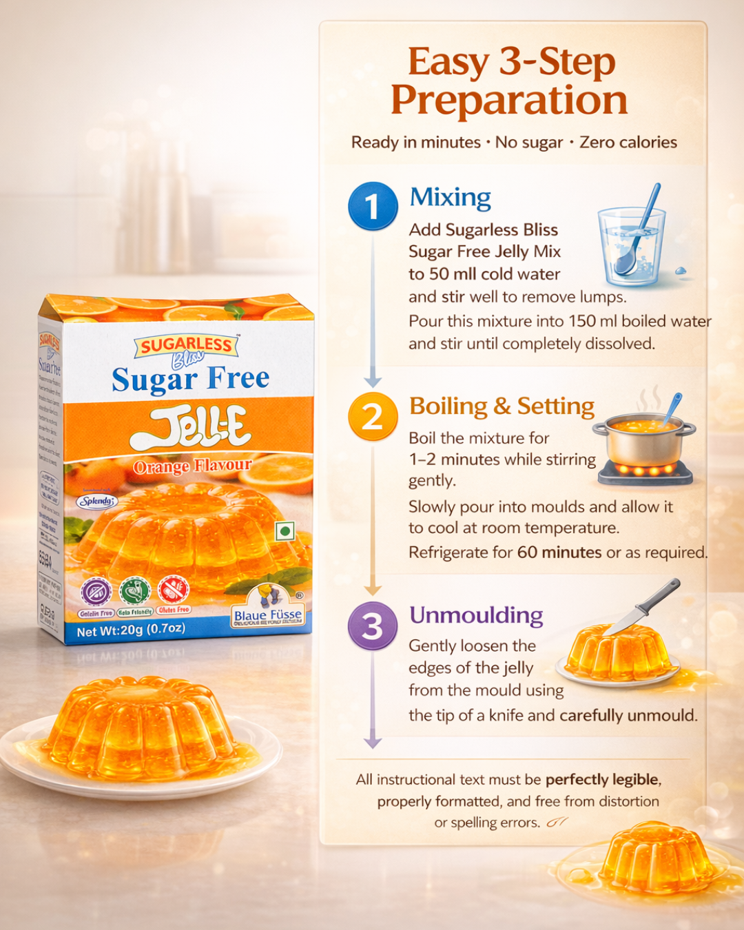 Sugarless Bliss Sugar Free Jelly Mix Orange Flavour | Zero Calories | Keto & Gluten Free | 20g