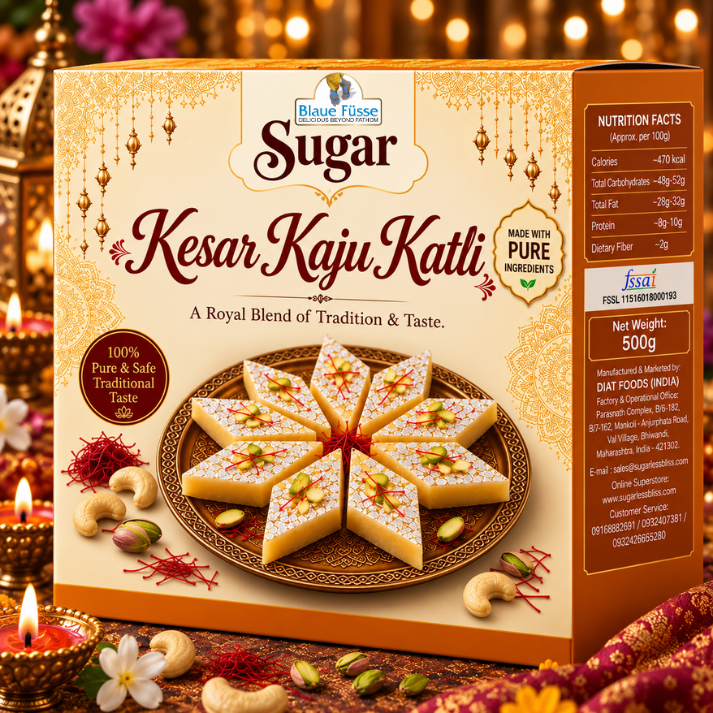 Kesar Kaju Katli Saffron Cashew Indian Mithai with Sugar (ALSO AVAILABLE IN SUGAR-FREE) | 500g | Sugarless Bliss