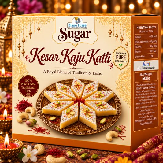 Kesar Kaju Katli Saffron Cashew Indian Mithai with Sugar (ALSO AVAILABLE IN SUGAR-FREE) | 500g | Sugarless Bliss