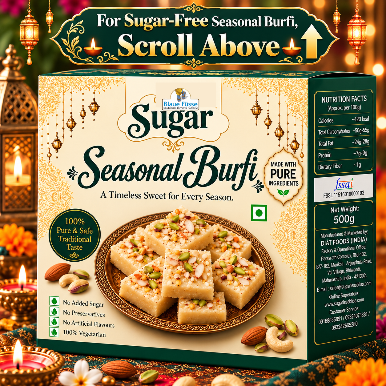 Sugar Delicious Seasonal Burfi Traditional Indian Mithai (ALSO AVAILABLE IN SUGAR-FREE) | 500g | Sugarless Bliss