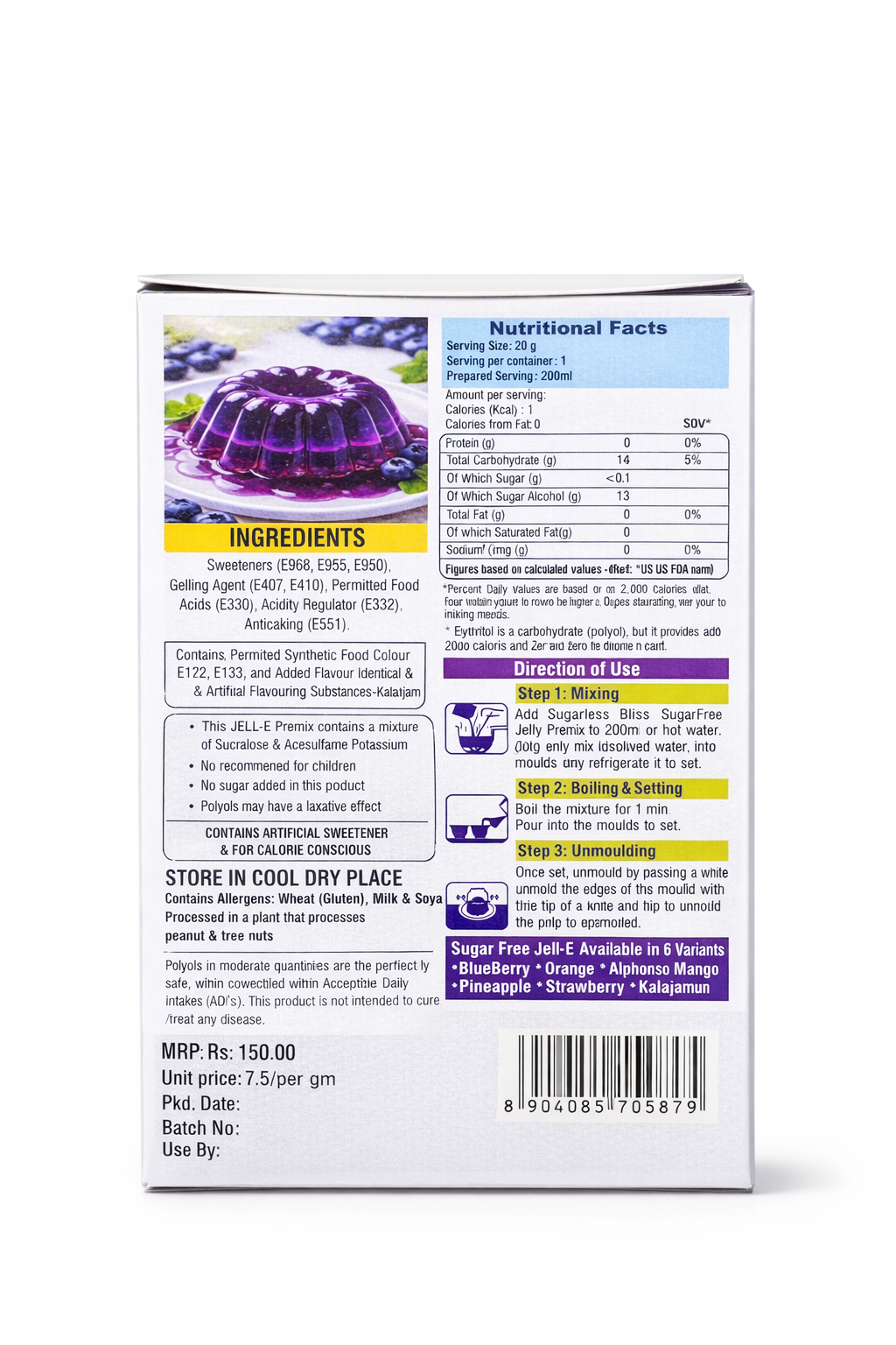 Sugarless Bliss Sugar Free Jelly Mix | Blueberry Flavour | Zero Calories | Keto & Gluten Free | 20g