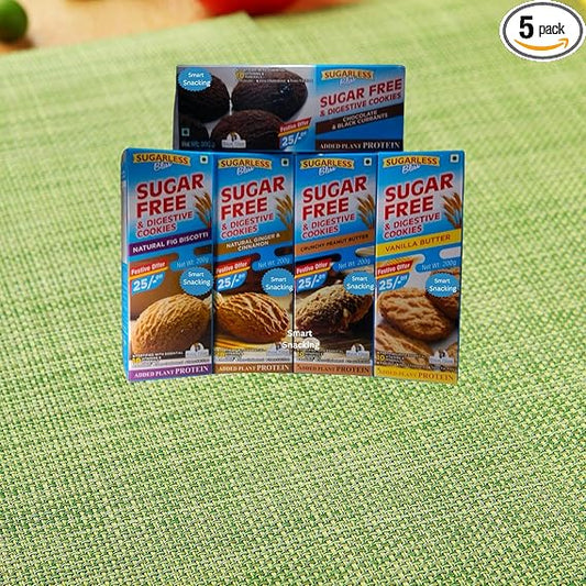 Sugar-Free & Digestive Assorted Cookies – 1kg Pack of 5 (200g Each) Vanilla, Chocolate, Fig, Ginger, Peanut Butter | No Added Sugar Healthy Snack