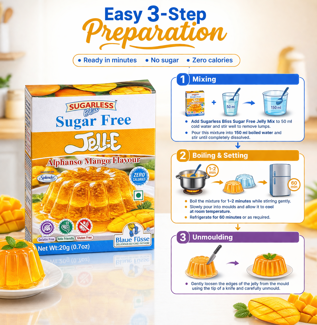 Sugarless Bliss Sugar Free Jelly Mix  Alphonso Mango Flavour | Zero Calories | Keto & Gluten Free | 20g